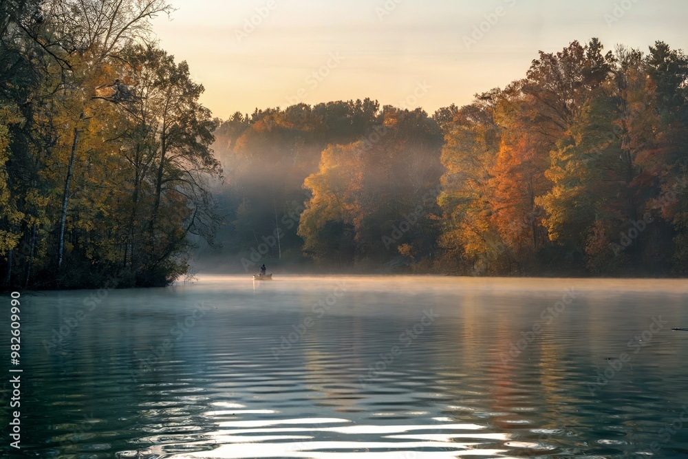 Serene autumn morning with lone figure fishing on a misty lake. Serene autumn morning with lone figure fishing on a misty lake.