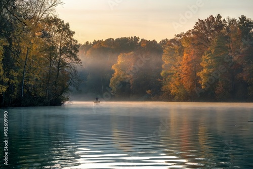 Serene autumn morning with lone figure fishing on a misty lake.