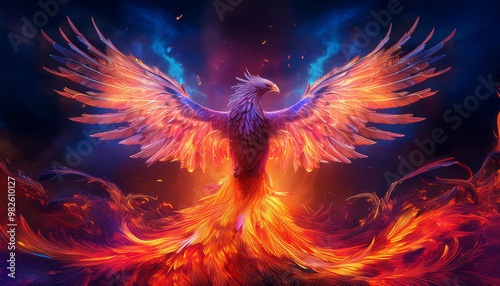 Phoenix bird with long fire tail with big wings preparing to fly