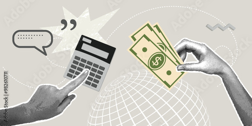Trendy halftone collage. Concept of accounting, accumulation,profit increase, business development, optimization.Illustrations for web banners, social media, business presentations, marketing material