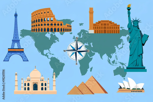 World landmarks and compass rose on a map illustration