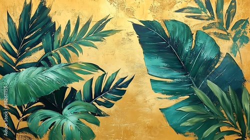 Lush Green Leaves on Golden Background