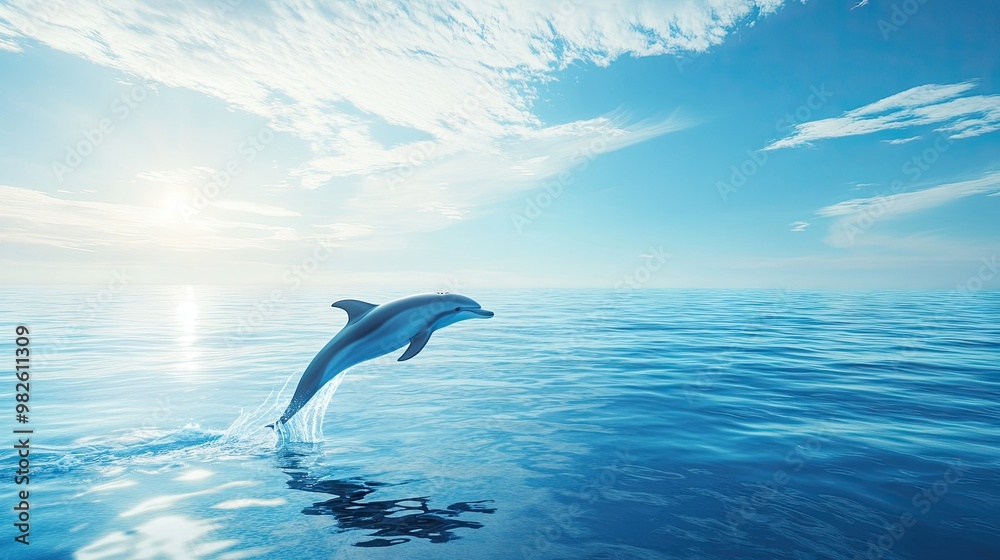 Obraz premium A dolphin emerging from the water with a bright sky above and a clean, expansive ocean surface around. The clear space provides ample room for text.