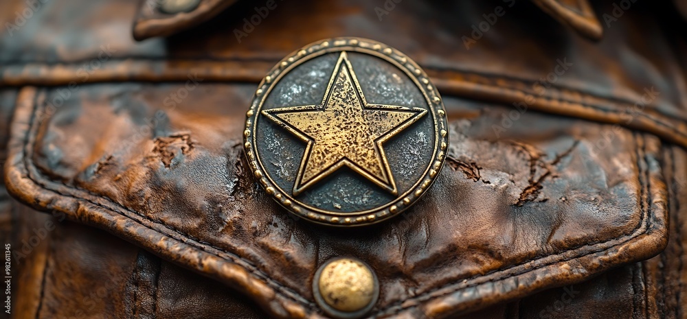 Worn leather jacket with a star shaped badge.