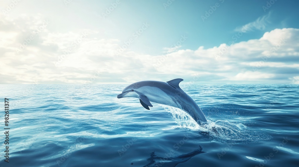 Fototapeta premium A dolphin emerging from the water with a bright sky above and a clean, expansive ocean surface around. The clear space provides ample room for text.