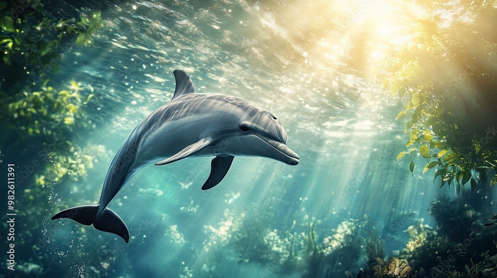 Obraz premium A dolphin gliding through the water with sunlight filtering through. The open, clear water around the dolphin allows for easy addition of text.