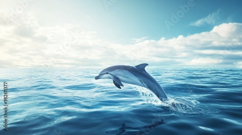 A dolphin emerging from the water with a bright sky above and a clean, expansive ocean surface around. The clear space provides ample room for text.