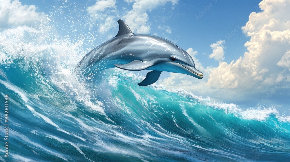 Obraz premium A dolphin riding the waves with a clean, unobstructed ocean backdrop. The clear water around the dolphin provides a great area for text.
