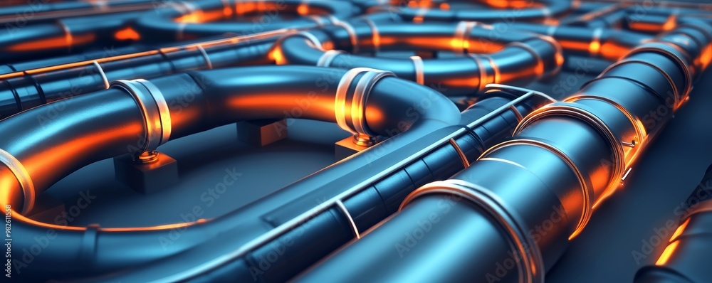 Fototapeta premium A detailed view of interconnected metallic pipes with glowing elements, showcasing modern industrial design and engineering.