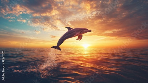 A dolphin performing a high leap above the water with a dramatic sunset in the background. The open sky and water offer ample copy space.
