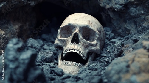 A detailed skull resting among dark rocky terrain, evoking themes of death, discovery, and the mysteries of the past.