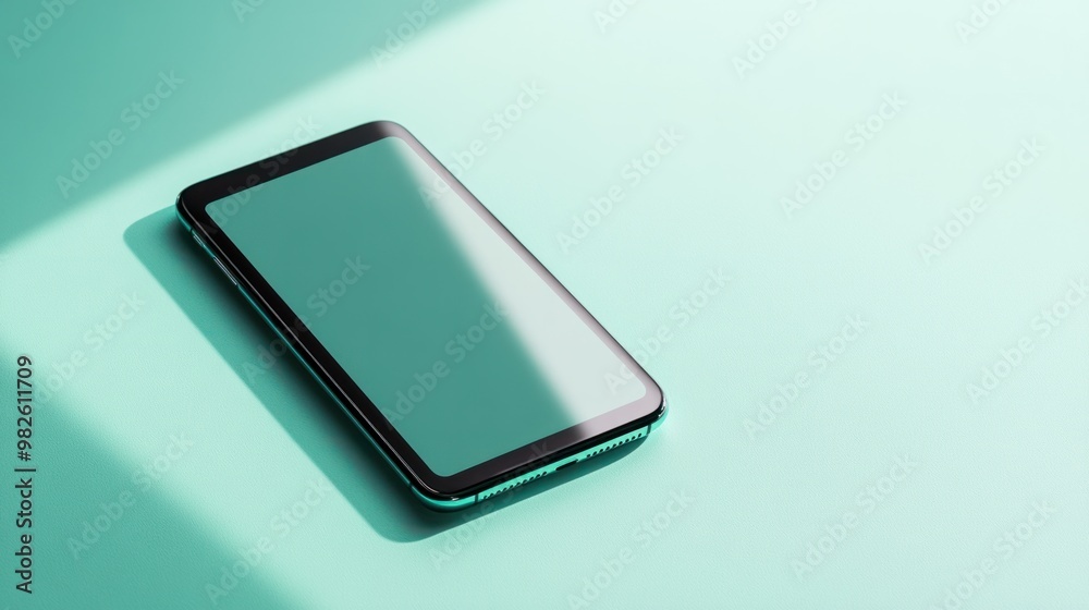 A shiny smartphone lying flat on a pastel mint background. A shiny smartphone lying flat on a pastel mint background.