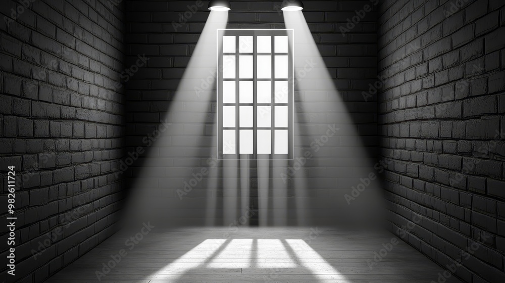 A dimly lit room with rays of light filtering through a barred window, creating a dramatic atmosphere of solitude and confinement. A dimly lit room with rays of light filtering through a barred window, creating a dramatic atmosphere of solitude and confinement.