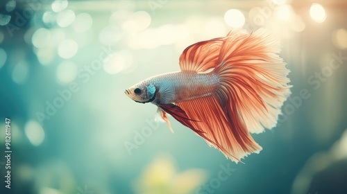 A dramatic shot of a betta fish in a tank with a clean, blurred background. The open space around the fish is perfect for text placement.