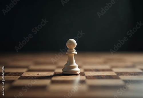 Lone white pawn on a wooden chessboard under focused lighting.