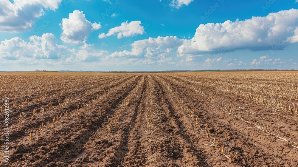 A field of dead crops with a dry, cracked soil. The open sky and barren land offer a clear area for impactful text about climate change