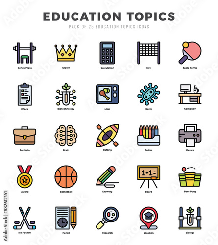 Education Topics Icons Pack. Lineal Color icons set. Lineal Color icon collection set.