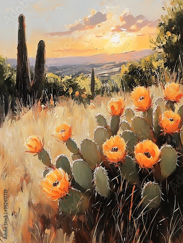 Vibrant Sunset Over Prickly Pear Cactus Landscape