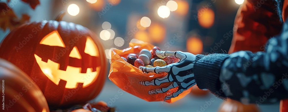 Naklejka premium A glowing pumpkin sits beside a hand offering colorful candy, set against a backdrop of festive Halloween decorations and warm orbs of light.