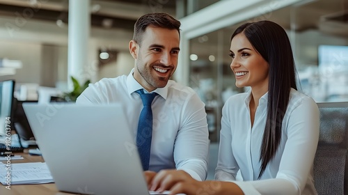 Smiling Coworkers Collaborating on a Business Project in Modern Office