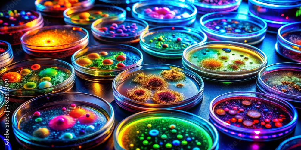 Microscopic view of bioengineered cells in petri dishes under laboratory research conditions with high contrast and vivid colors emphasizing the intricate details of genetic engineering Microscopic view of bioengineered cells in petri dishes under laboratory research conditions with high contrast and vivid colors emphasizing the intricate details of genetic engineering