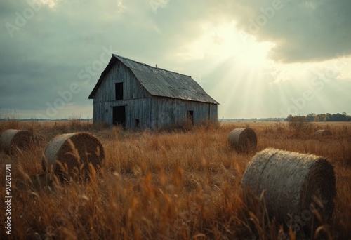 Old barn in a rural field with hay bales under a moody sky.