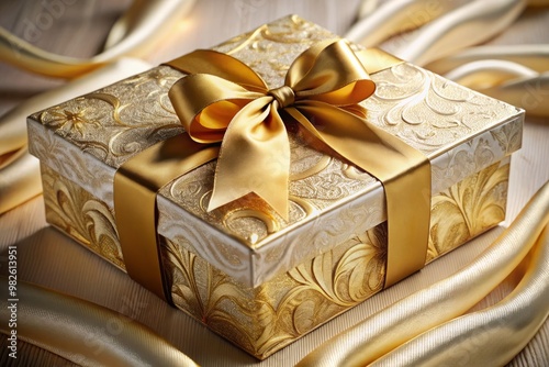 Elegant presentation showcasing a bespoke gift box adorned with intricate engravings of loved ones' names and a captivating 3D artwork, opulently wrapped in golden foil photo