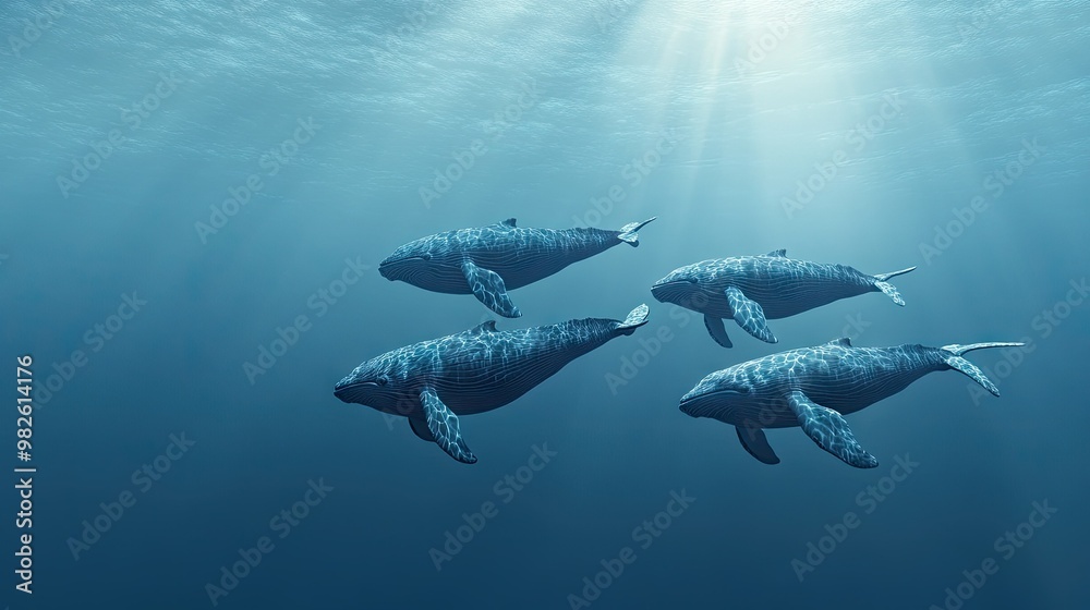 Naklejka premium A group of whales swimming in a formation with a clear, expansive ocean background. The empty space around them provides room for text.