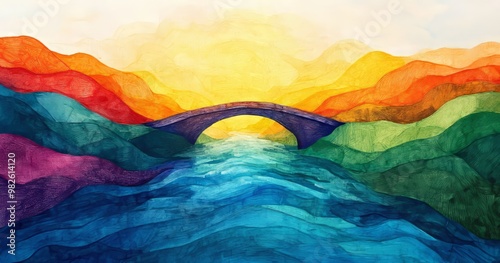 Vibrant landscape with bridge and colorful mountains photo