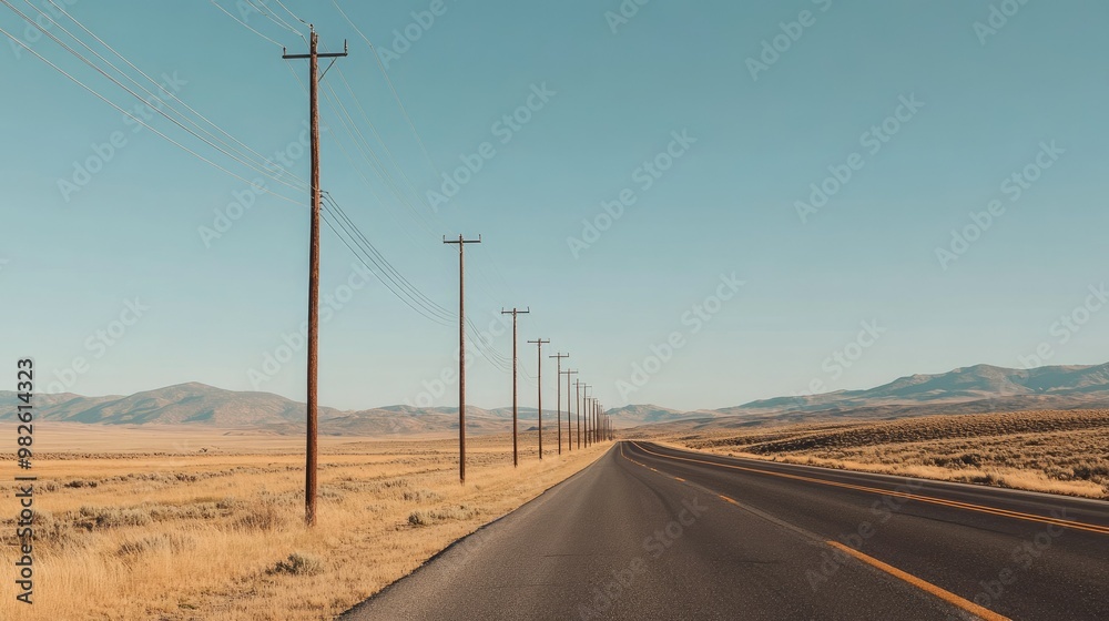 A high-angle view of electric poles running along a highway with a clear, open sky. The unobstructed space above the poles is ideal for text. A high-angle view of electric poles running along a highway with a clear, open sky. The unobstructed space above the poles is ideal for text.
