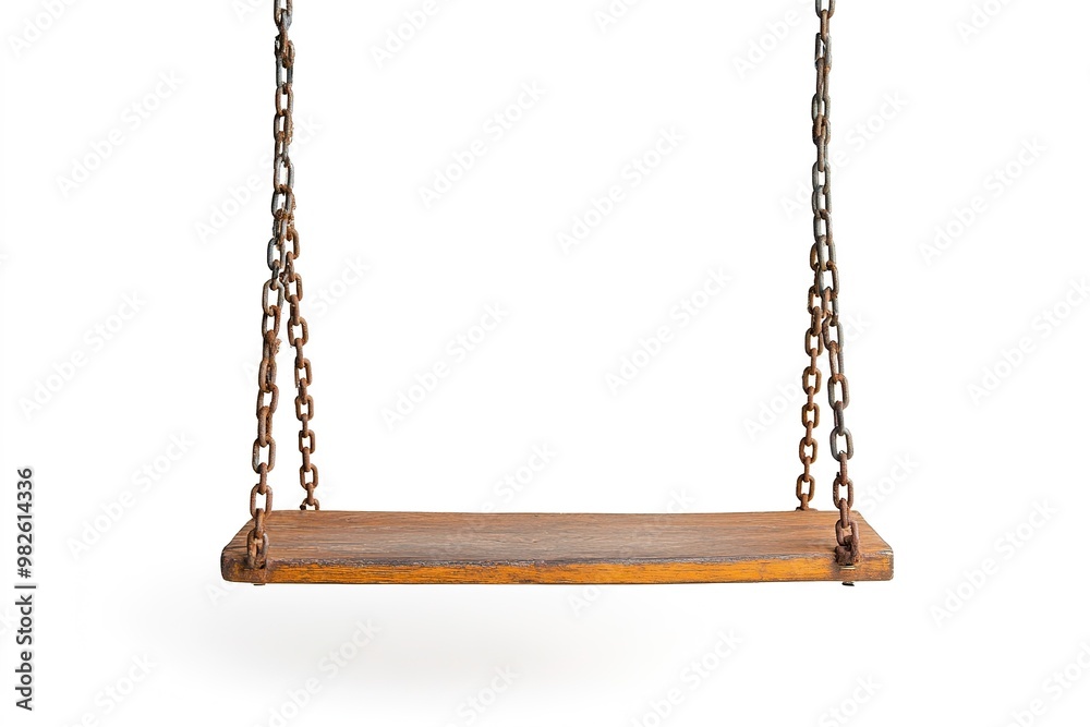 Wooden swing on chains, isolated on white Wooden swing on chains, isolated on white