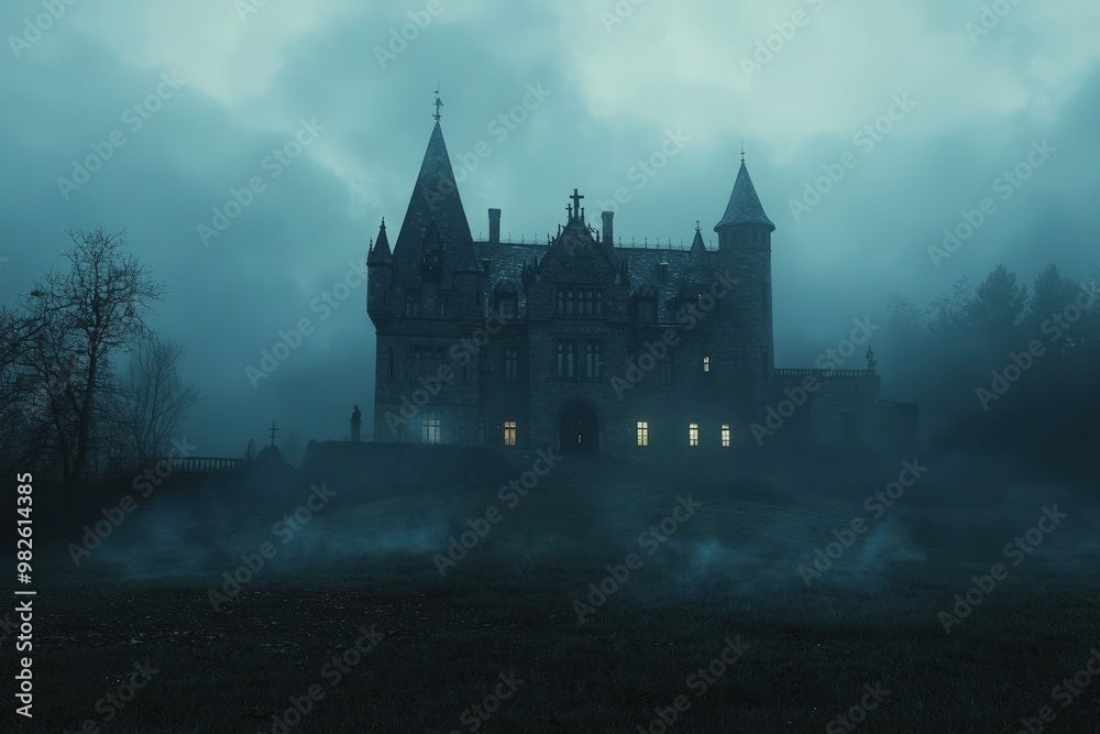 A dark, eerie castle stands shrouded in mist, with glowing windows hinting at hidden mysteries within. A dark, eerie castle stands shrouded in mist, with glowing windows hinting at hidden mysteries within.