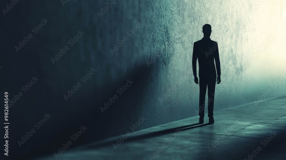 A mysterious silhouette standing against a dimly lit wall, casting a long shadow, evoking intrigue and contemplation. A mysterious silhouette standing against a dimly lit wall, casting a long shadow, evoking intrigue and contemplation.