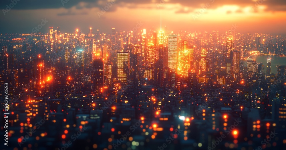 Vibrant cityscape at dusk with glimmering lights Vibrant cityscape at dusk with glimmering lights