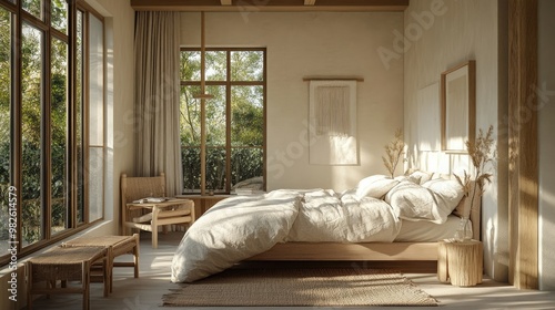 A light-filled Nordic bedroom with neutral bedding, wood accents, and large windows. The minimal decor leaves plenty of room for copy in the open space.