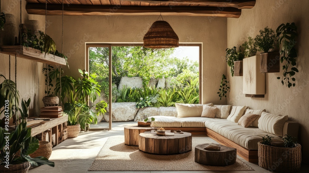 A living room filled with natural elements, such as wooden furniture, stone accents, and plenty of indoor plants, creating a harmonious and earthy environment. - A living room filled with natural elements, such as wooden furniture, stone accents, and plenty of indoor plants, creating a harmonious and earthy environment. -