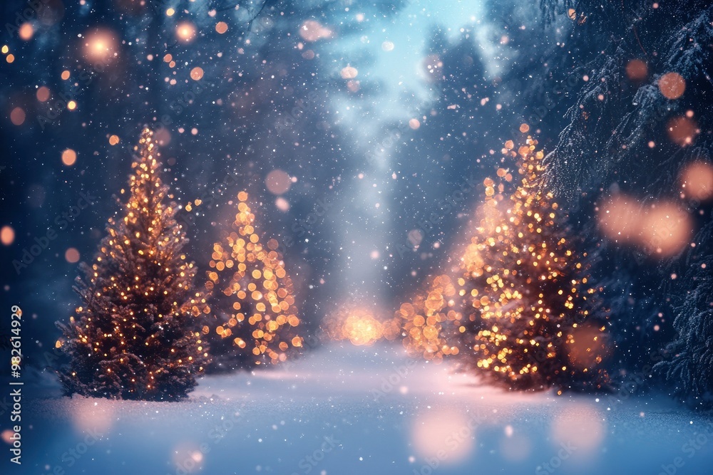Abstract Background With Trees, Lights And Falling Snow /Christmas And New Year Concept with generative ai