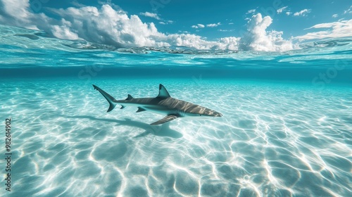 A lone shark navigating through a shallow, clear lagoon with a vast open area around it. The unobstructed space provides room for text.