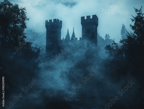 A dark, misty scene featuring a mysterious castle surrounded by fog and trees, creating an eerie and atmospheric setting.