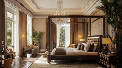 A luxurious master bedroom with a four-poster bed, elegant chandelier, and high-end fabrics, creating a regal and opulent environment.