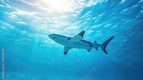 A majestic shark swimming gracefully in clear blue water. The open sea and clear background around the shark offer ample space for text.