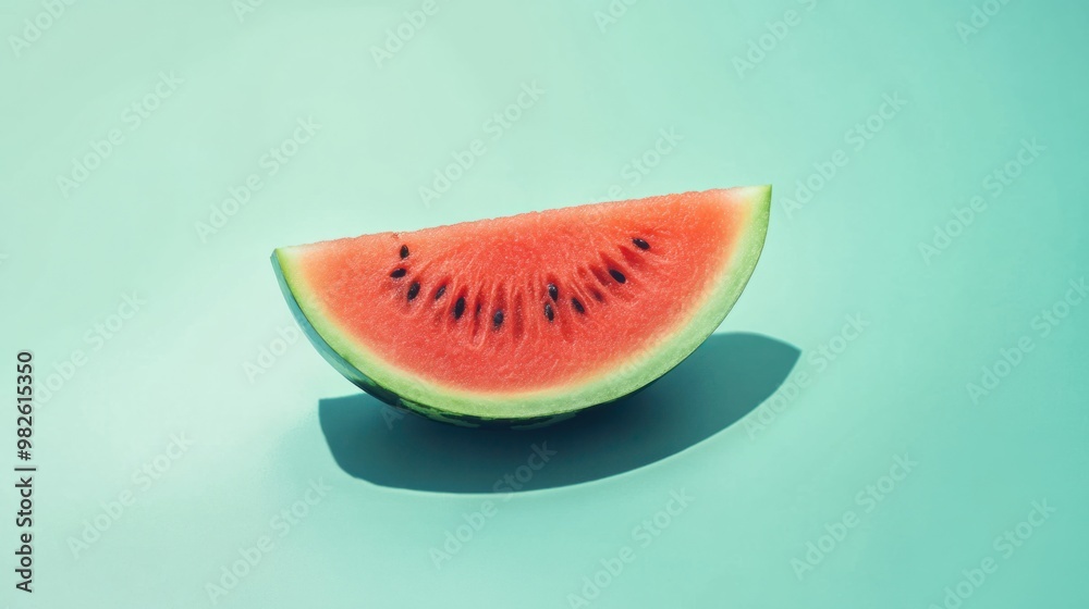 A single slice of watermelon on a pastel mint green background. A single slice of watermelon on a pastel mint green background.