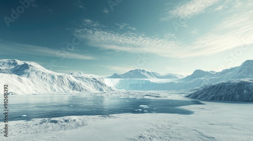 A melting glacier with visible water runoff and exposed land. The clear sky and ice areas provide ample space for copy about climate impact.