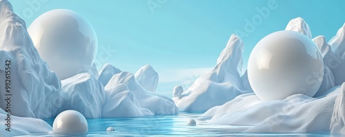 A serene landscape featuring large white spheres amidst icy formations and tranquil blue water under a clear sky.