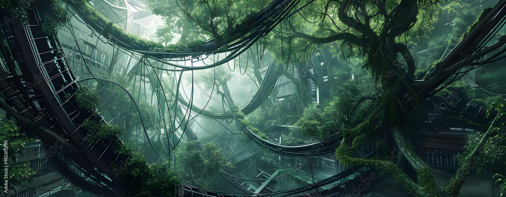 Obraz premium Future city in the forest. Nature, trees, grass and plants with building ecofriendly. Elf city, fantasy background, city wallpaper.