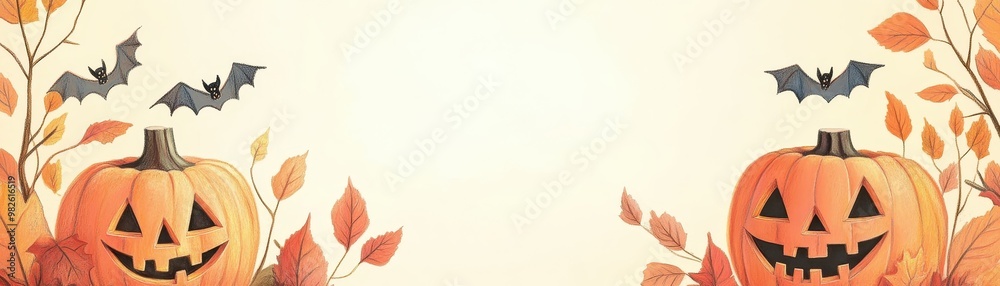 Festive Halloween scene featuring cheerful pumpkins, autumn leaves, and playful bats, perfect for seasonal celebrations. Festive Halloween scene featuring cheerful pumpkins, autumn leaves, and playful bats, perfect for seasonal celebrations.