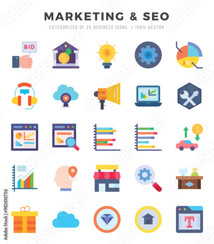 Set of simple Flat Marketing & Seo Icons. Flat art icons pack. Vector illustration.