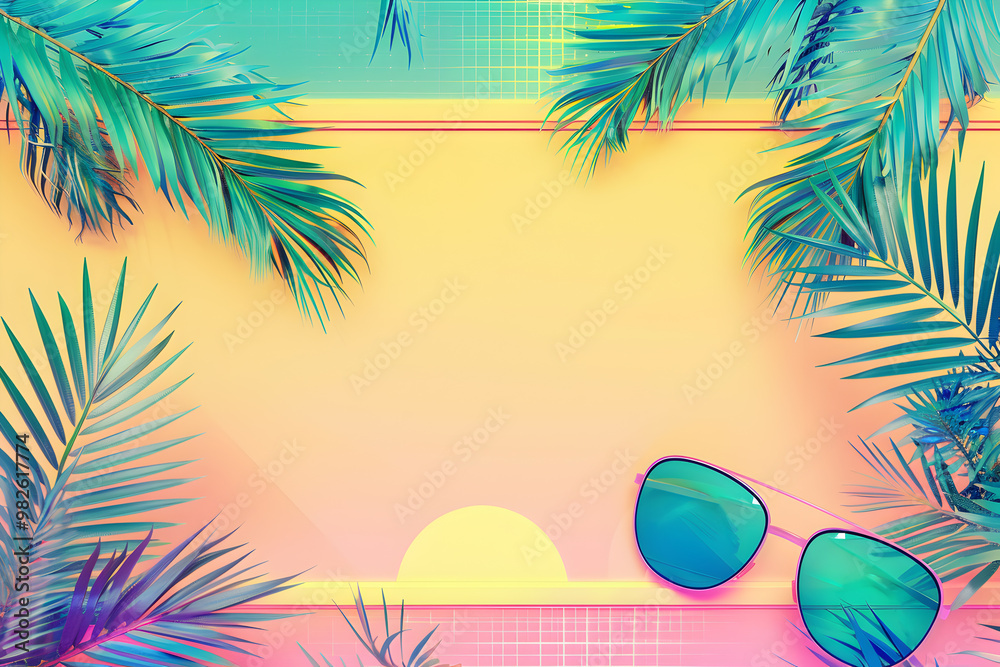 Naklejka premium Empty background with space for text with palm trees and sun glasses in 80s style