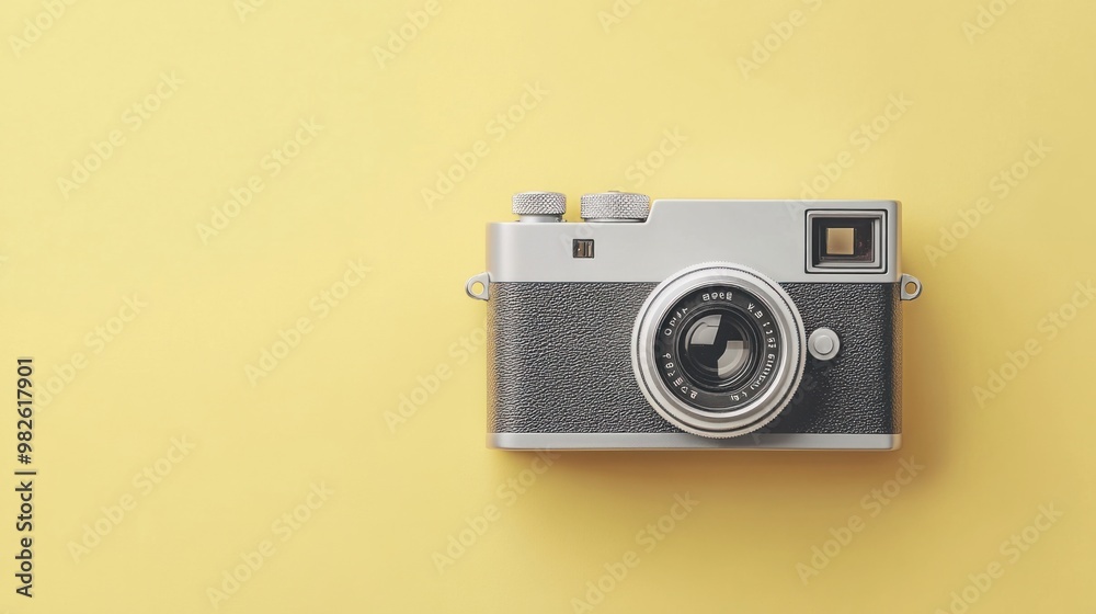 Fototapeta premium A vintage camera centered on a pastel yellow background.