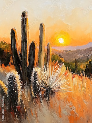 Desert Sunset with Cacti and Vibrant Colors